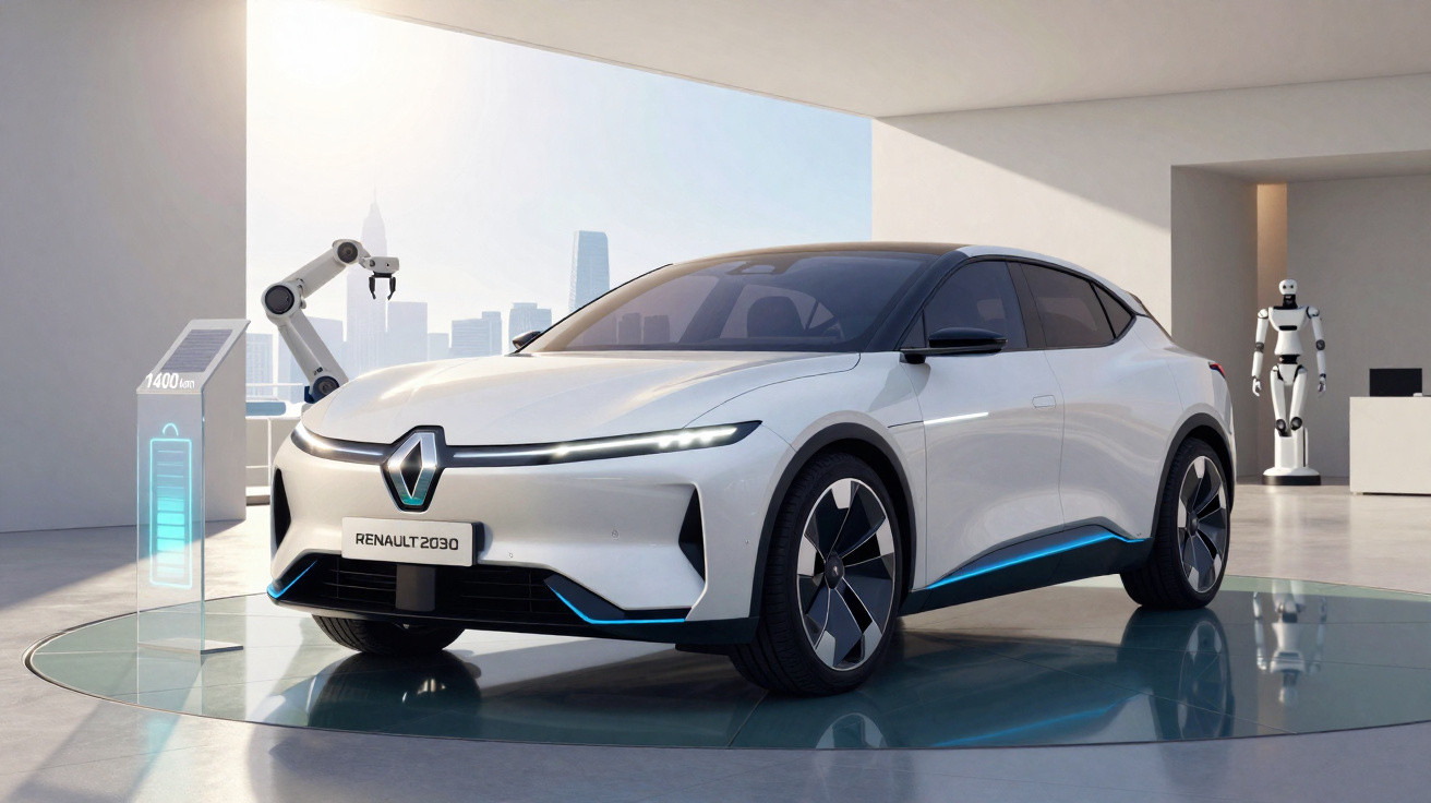 Carro elétrico branco Renault 2030 num showroom futurista com robô e estação de carregamento.