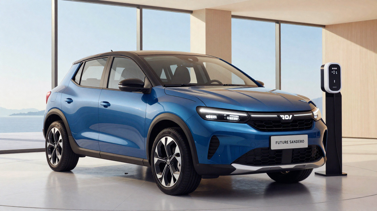 Carro elétrico azul Future Sandero estacionado numa garagem moderna com carregador elétrico.