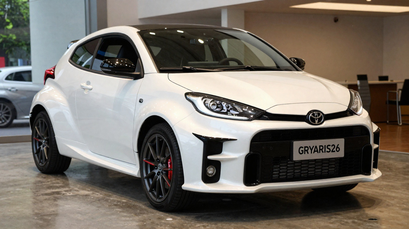 Carro desportivo branco Toyota GR Yaris estacionado em interior com jantes escuras e vidros fumados.