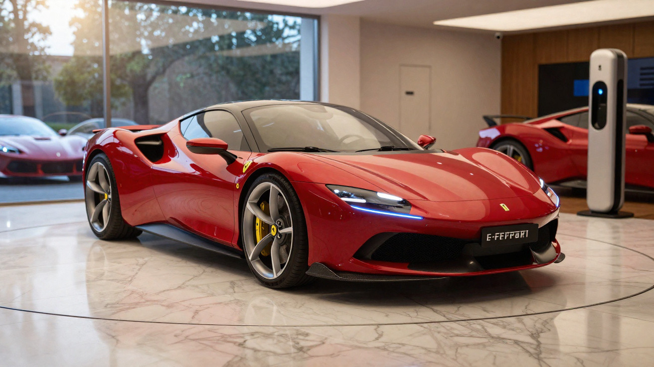 Carro desportivo vermelho Ferrari estacionado em exposição interior com carregador elétrico ao fundo.