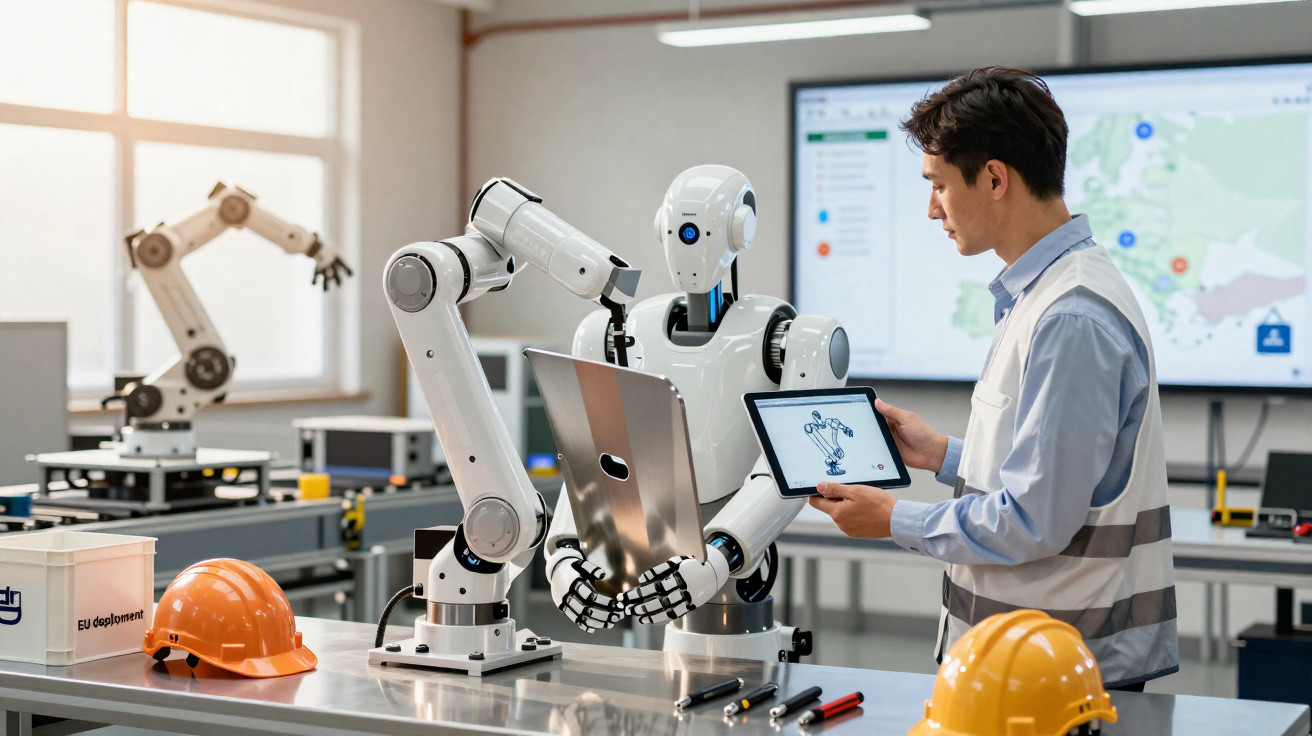 Engenheiro a programar robô industrial num laboratório com equipamentos e capacetes de segurança.