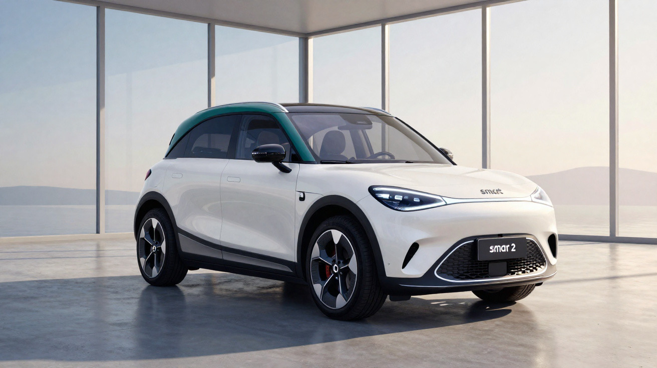 Carro elétrico Smart 2 branco com tejadilho verde num espaço interior amplo com grandes janelas.