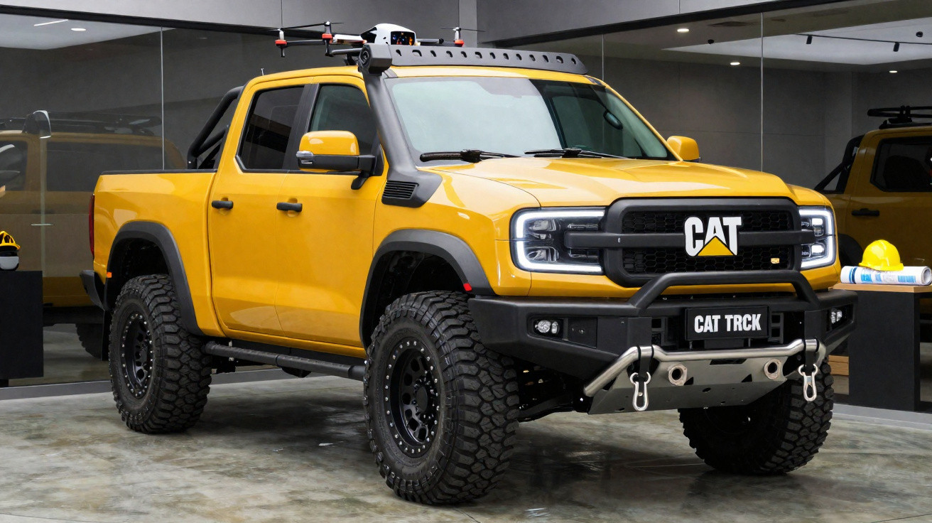 Pick-up amarela CAT TRCK robusta com pneus todo-terreno, para-choques reforçados e barra de luz LED no teto.