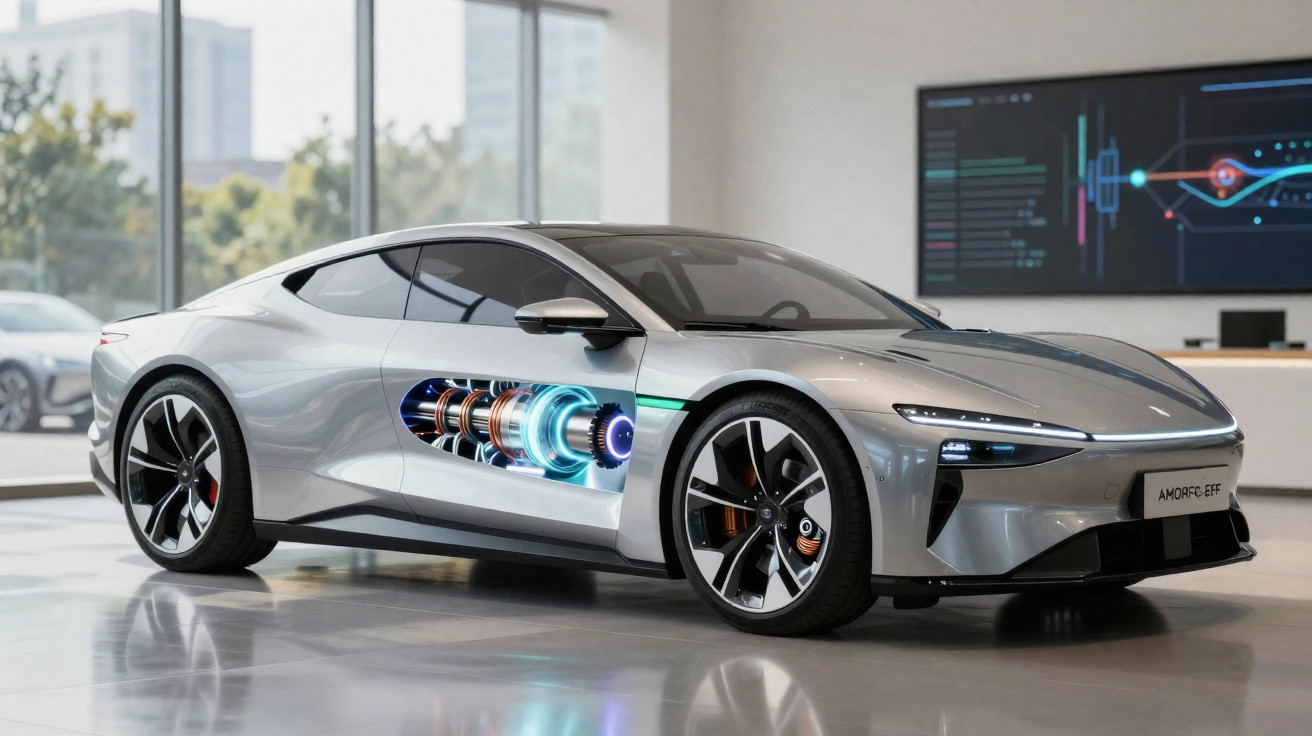 Carro elétrico desportivo prateado numa sala com um corte digital a mostrar o motor elétrico interno.