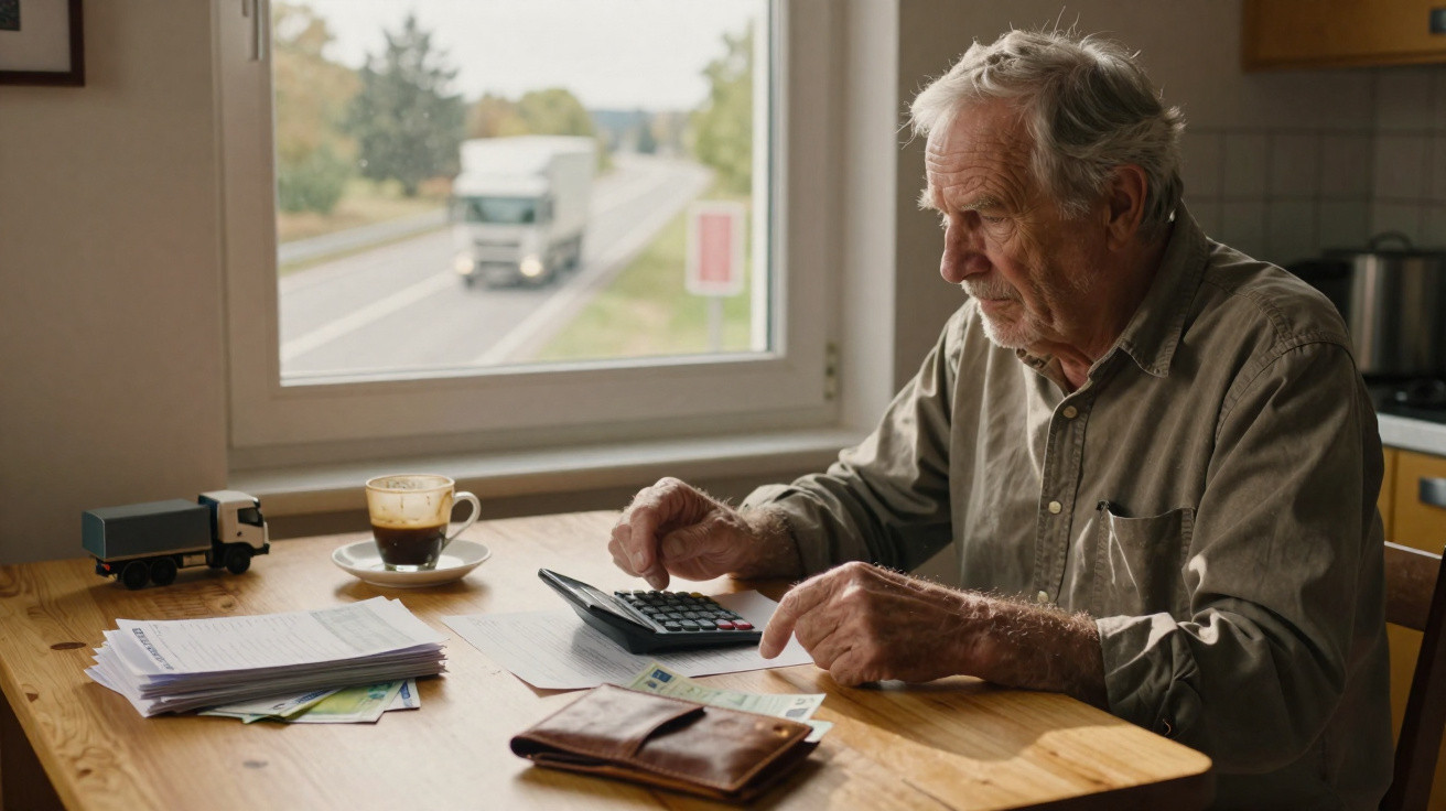Idoso sentado à mesa a usar calculadora com documentos e café perto da janela com estrada visível.