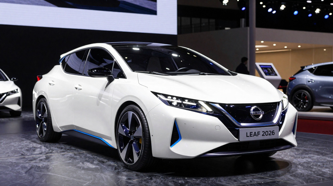 Carro elétrico Nissan Leaf 2026 branco exposto em salão automóvel com luzes de exposição.