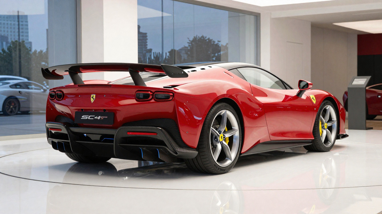 Carro desportivo Ferrari vermelho SC4 com spoiler traseiro, exposto em espaço interior moderno.