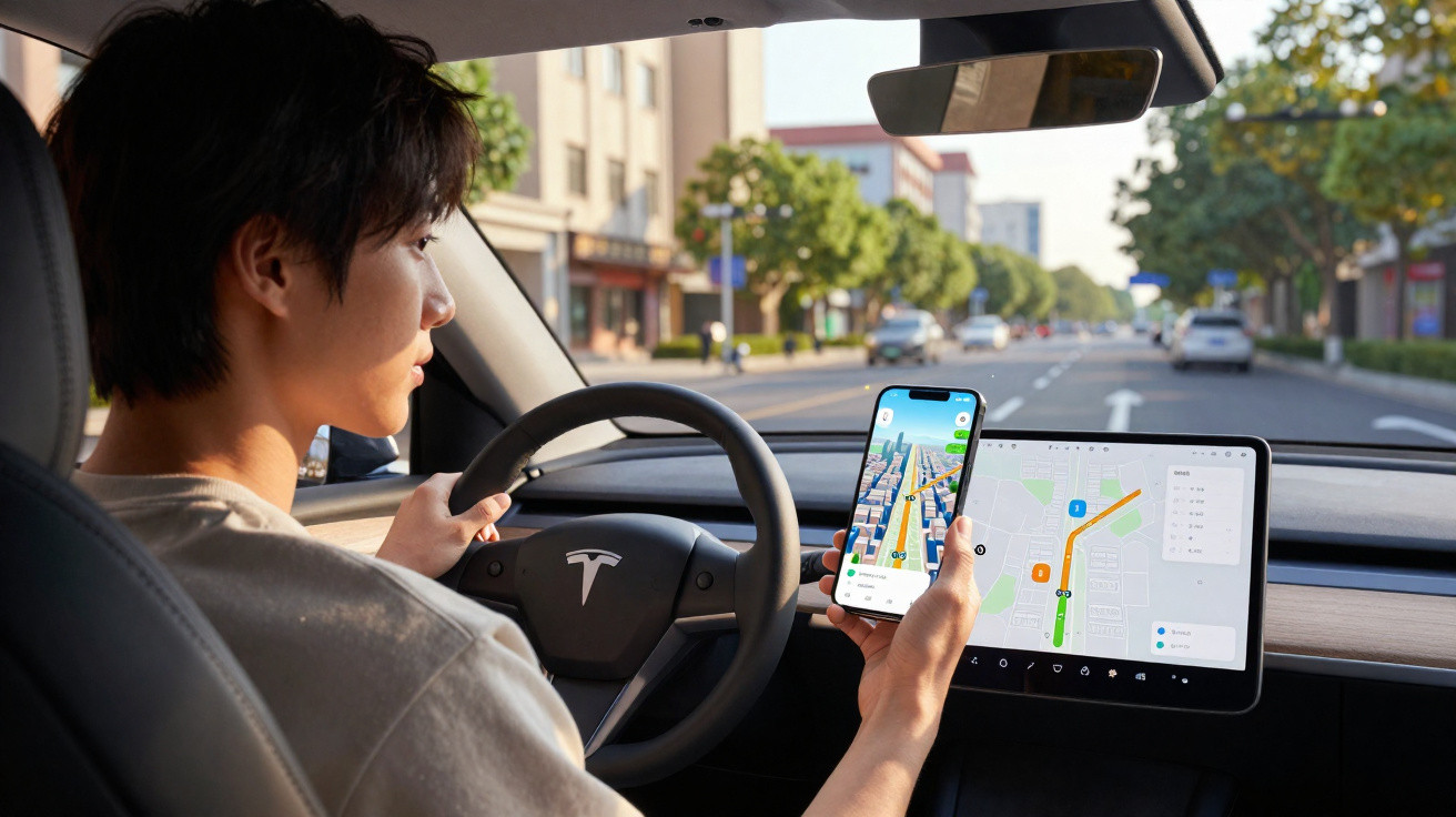 Jovem a conduzir um Tesla, segurando um telemóvel com app de navegação, ecrã do carro com mapa de trânsito.