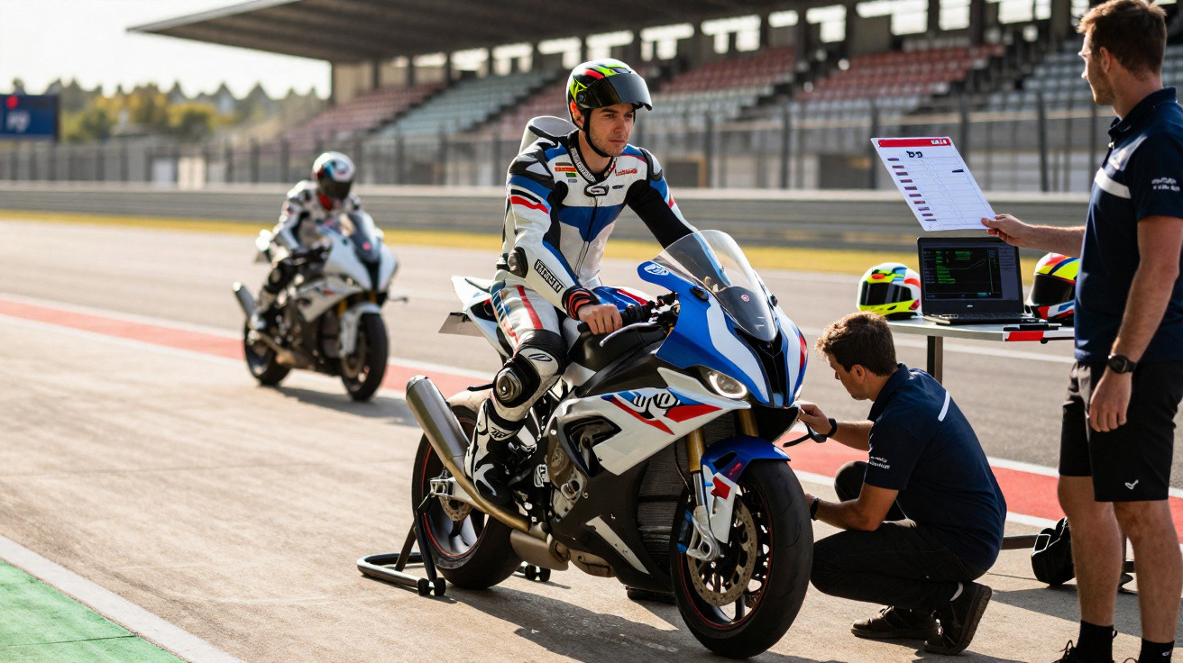 Piloto de mota de corrida na linha de partida enquanto equipa técnica faz ajustes na pista de competição.